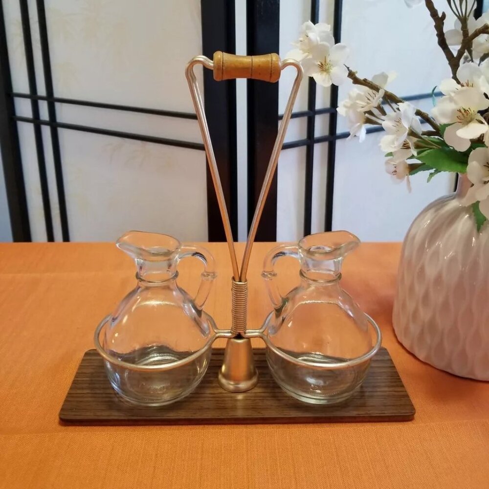 Mid Century Modern Oil & Vinegar Cruet Set With Wood and Stylish Metal Caddy